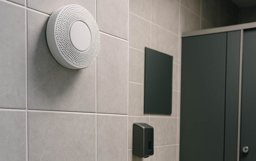 Vape detector mounted on a tiled bathroom wall near toilet cubicles
