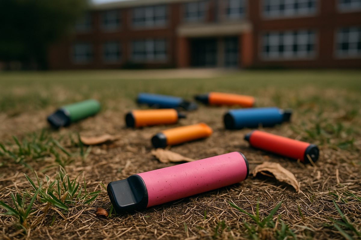 Littered disposable vapes on a school field
