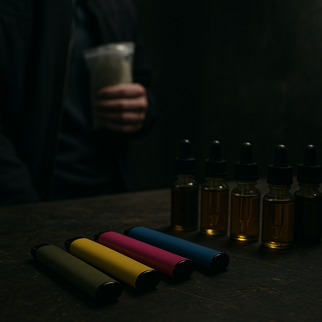 Colourful disposable vapes and e-liquid bottles on a dark table