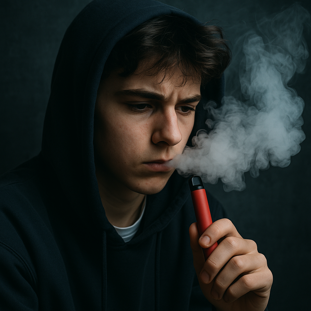 Teenager in a hoodie exhaling vape smoke