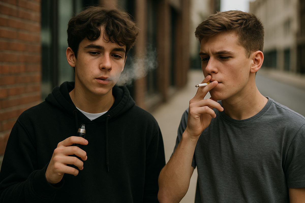 Two teenagers outdoors, one vaping and one smoking a cigarette