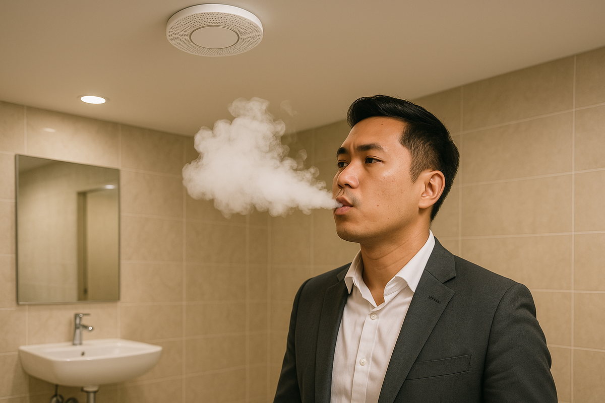 Man vaping in a washroom under a ceiling vape sensor – vape detection in Brunei Darussalam